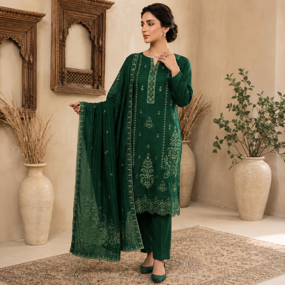 Noorani Embroidered 3-Piece Lawn Suit - Bottle Green