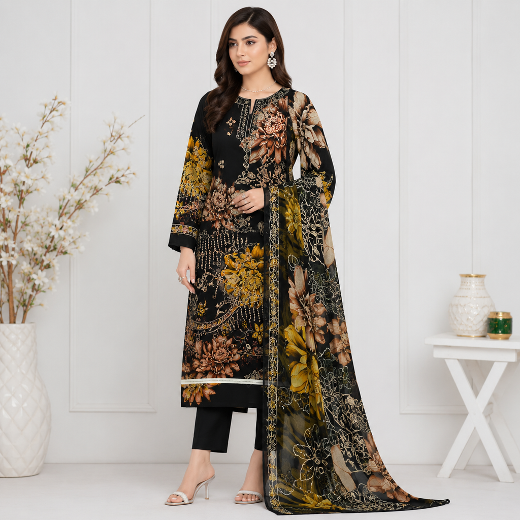 Zeenat Printed 3-Piece Lawn Suit - Black & Mustard Gold