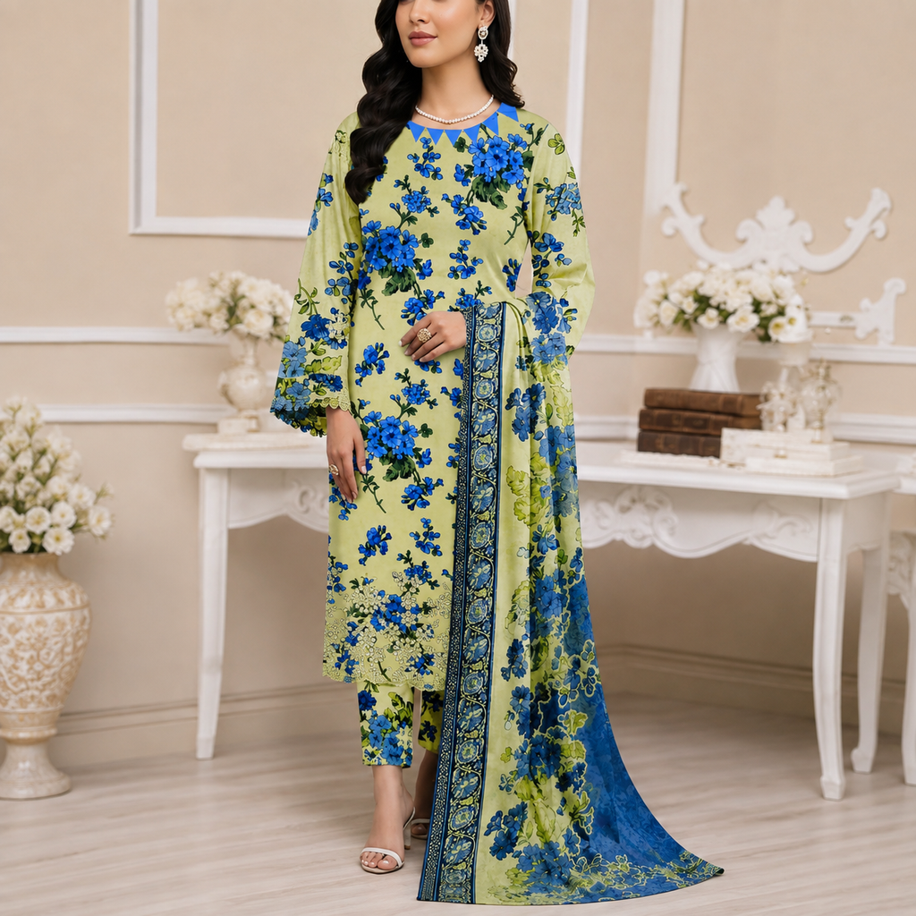 Bahaar Printed 3-Piece Lawn Suit - Lime Green & Royal Blue