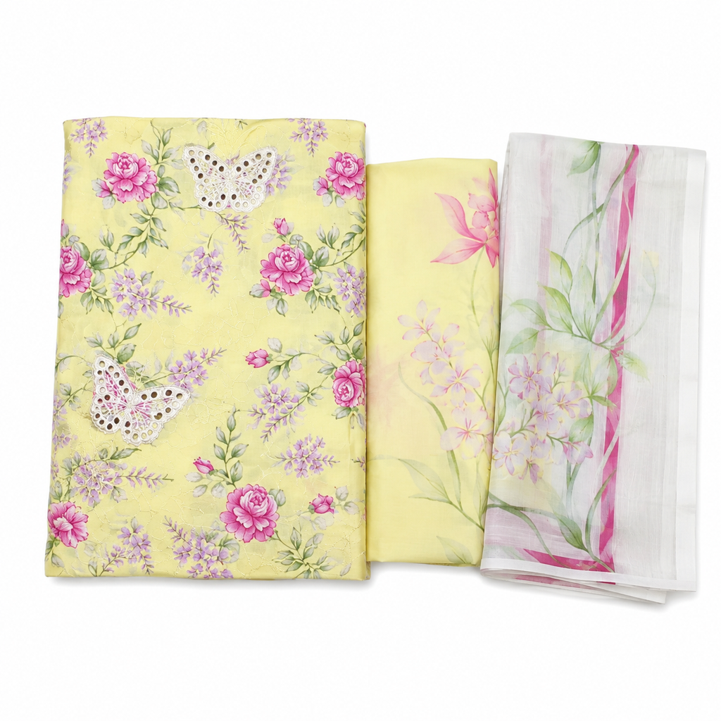Titli Baagh Printed 3-Piece Lawn Suit - Lemon Yellow & Pink