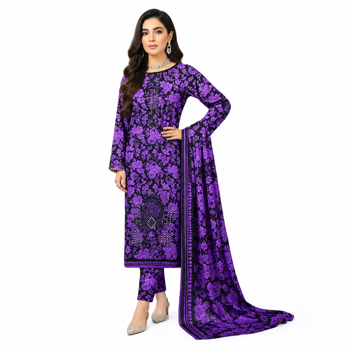 Shahi Baagh Printed 3-Piece Lawn Suit - Purple & Black