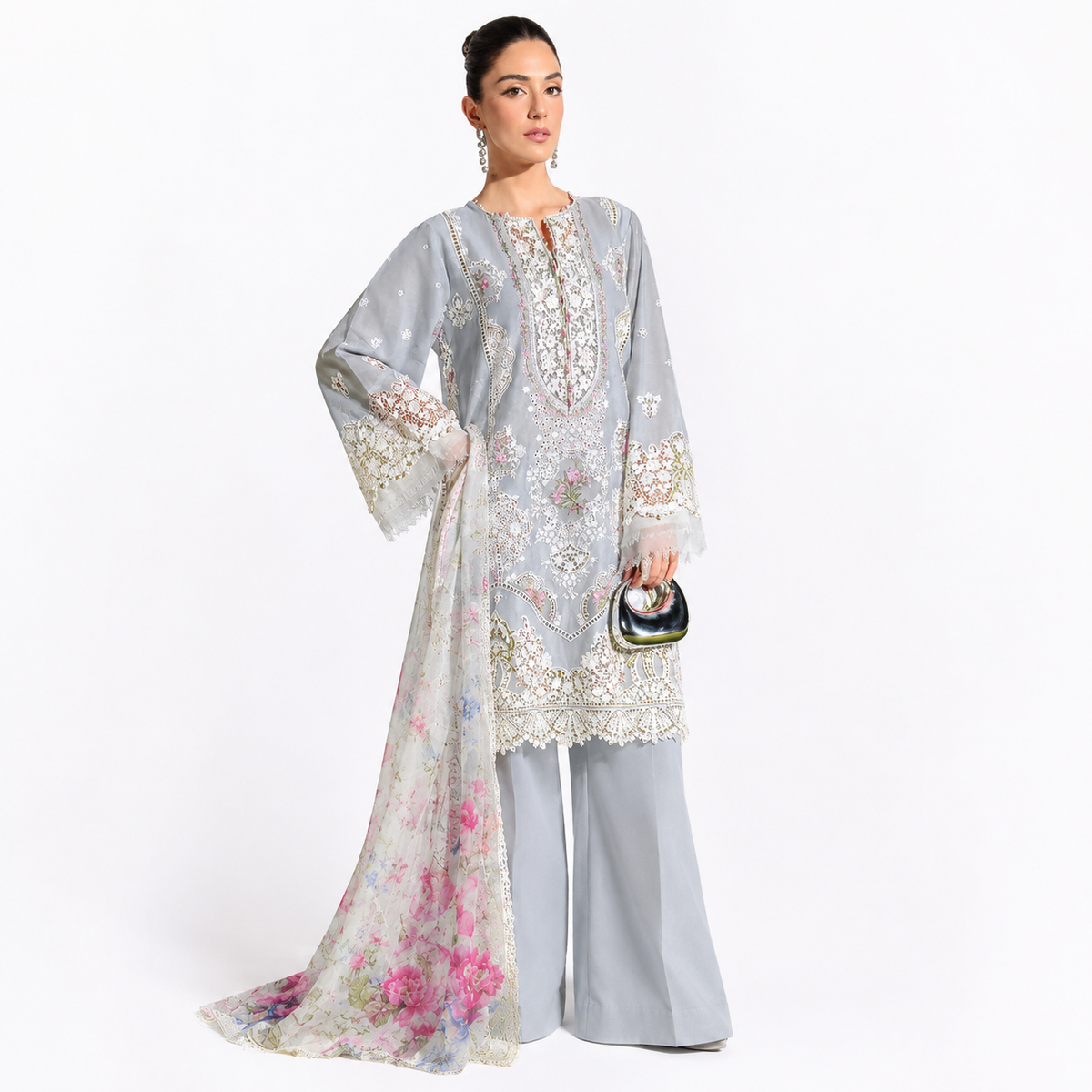 Noor-e-Chandni Embroidered 3-Piece Lawn Suit - Silver Grey