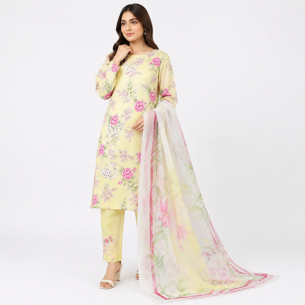 Titli Baagh Printed 3-Piece Lawn Suit - Lemon Yellow & Pink