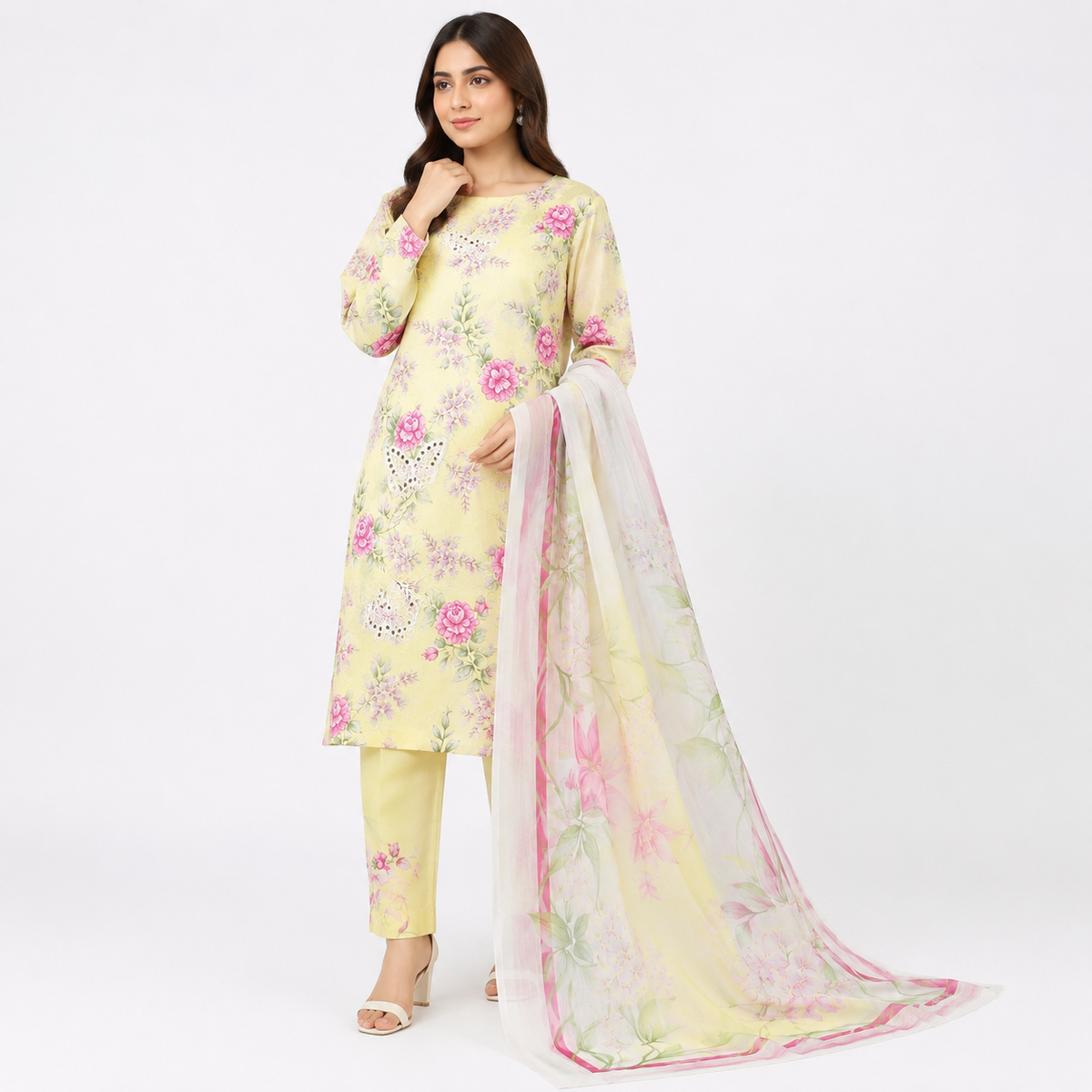 Titli Baagh Printed 3-Piece Lawn Suit - Lemon Yellow & Pink