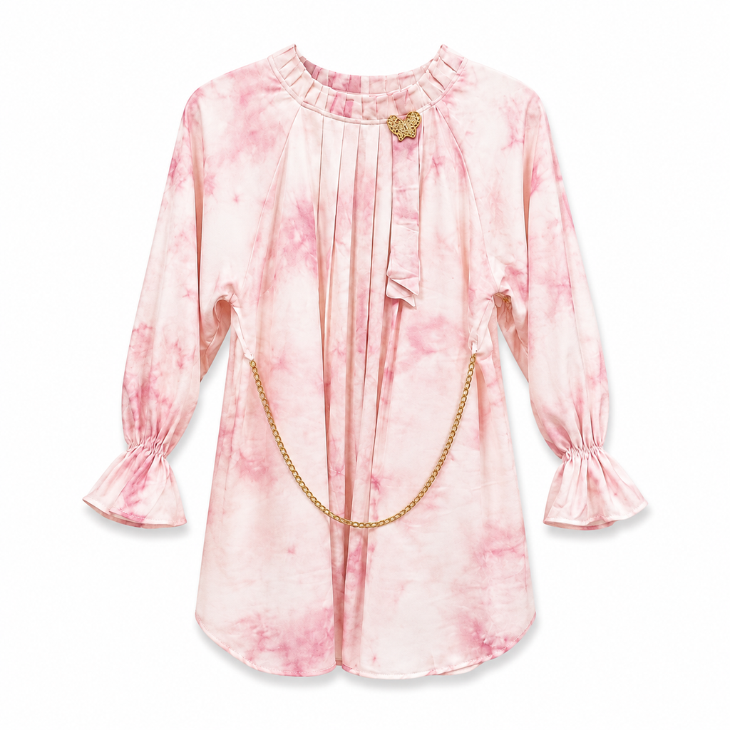 Pink "Cloud Tie-Dye" Georgette Top with Chain & Brooch
