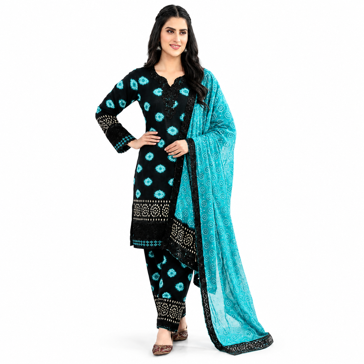 Noor-e-Naz Embroidered 3-Piece Lawn Suit - Black & Turquoise