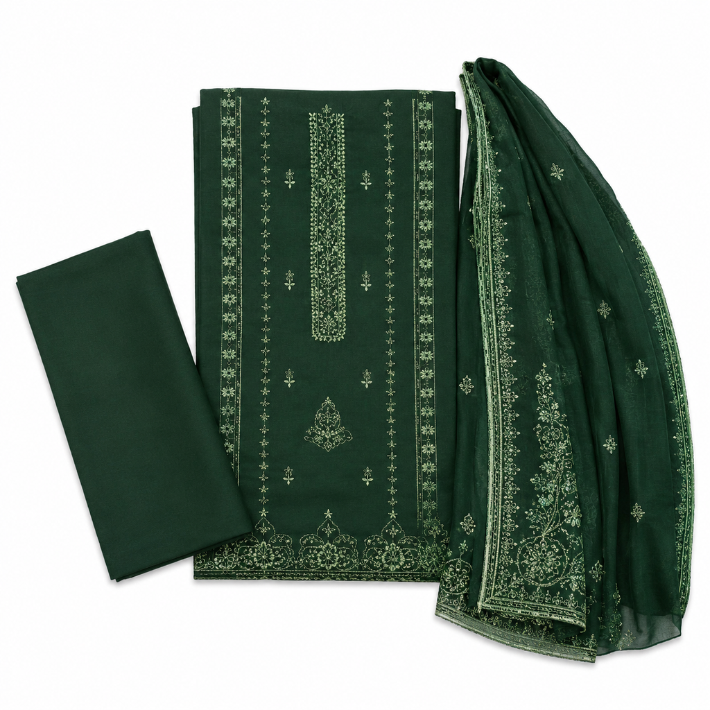 Noorani Embroidered 3-Piece Lawn Suit - Bottle Green