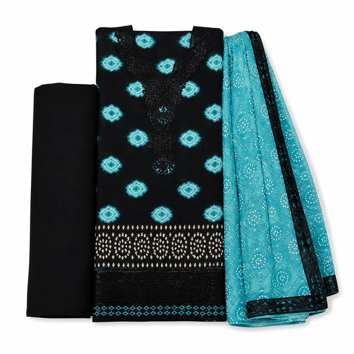 Noor-e-Naz Embroidered 3-Piece Lawn Suit - Black & Turquoise