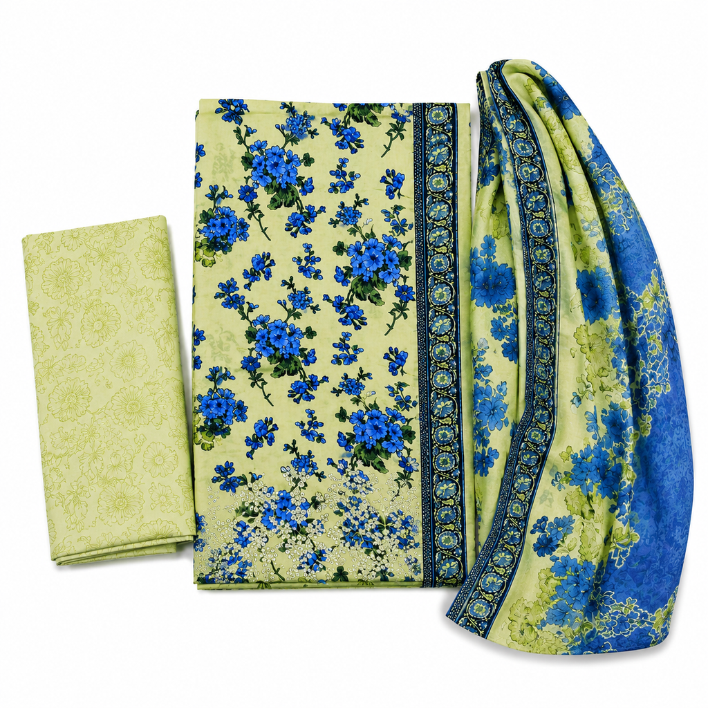 Bahaar Printed 3-Piece Lawn Suit - Lime Green & Royal Blue