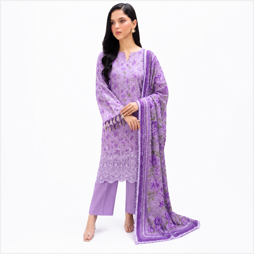 Yasmin Printed 3-Piece Lawn Suit - Lavender