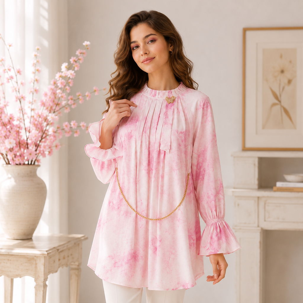 Pink "Cloud Tie-Dye" Georgette Top with Chain & Brooch