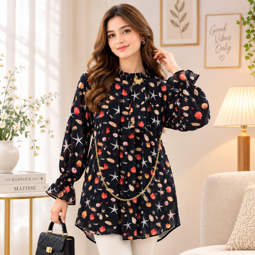 Black Ocean Shell Print Georgette Tunic with Chain Detail