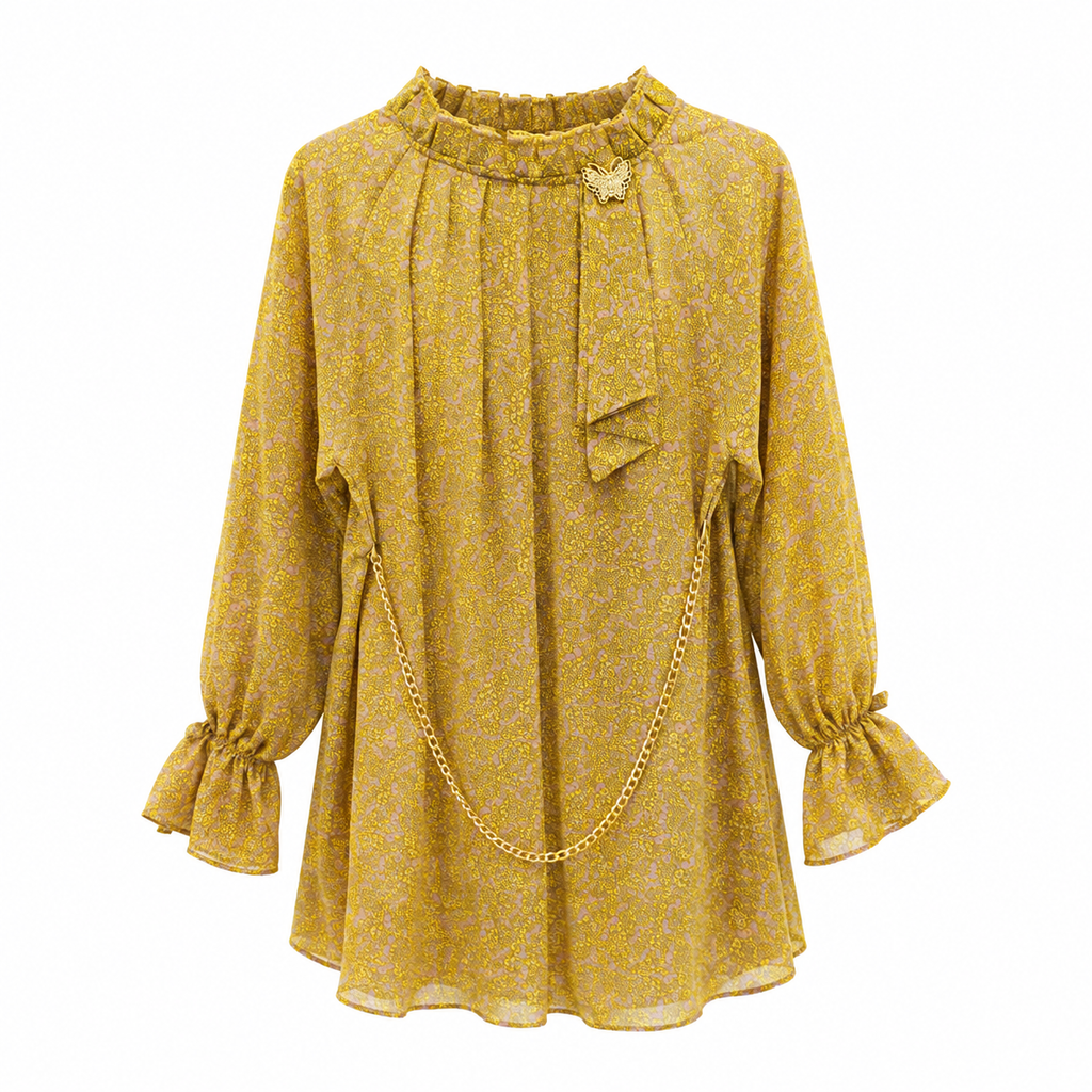 Mustard "Royal Floral" Printed Georgette Top with Chain & Brooch