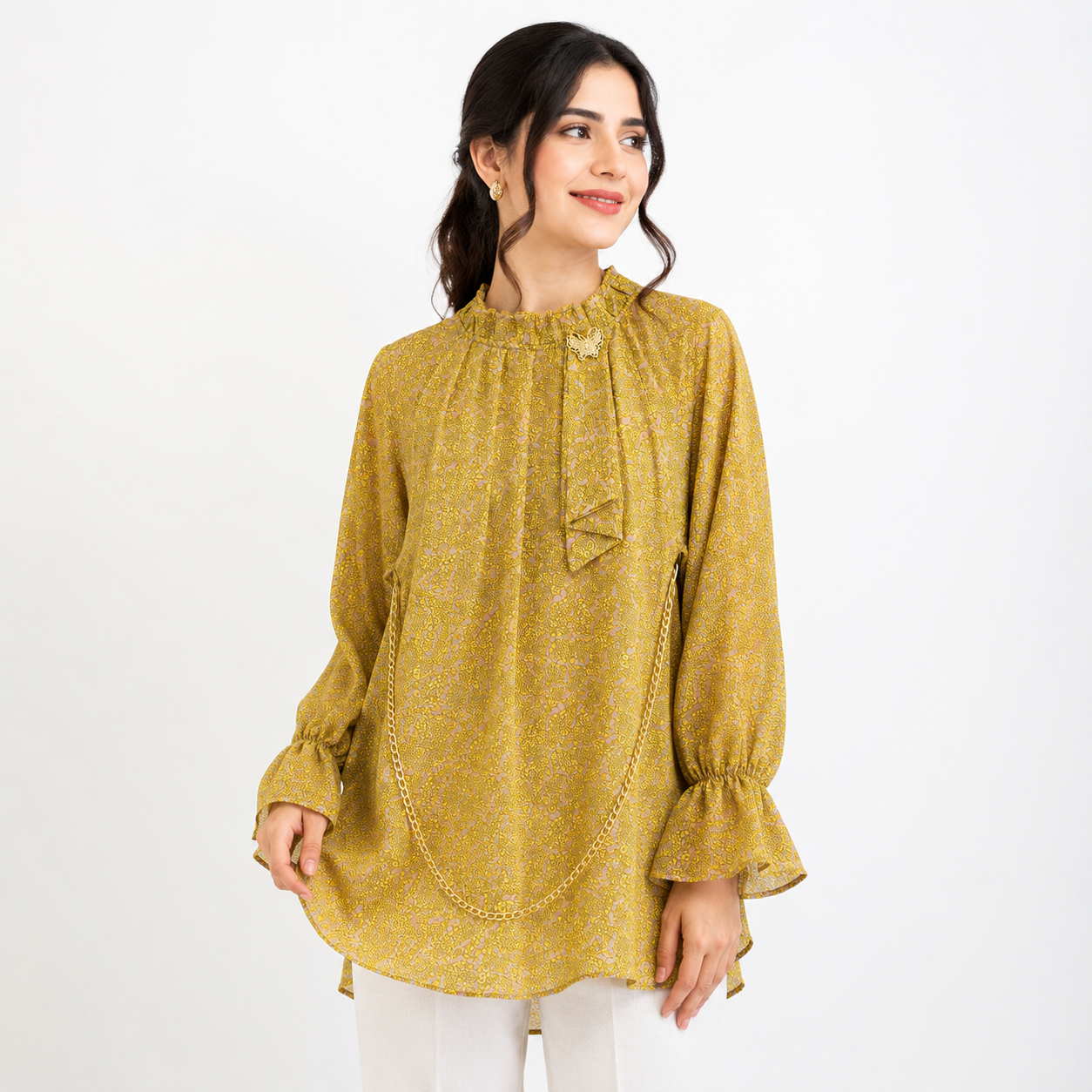 Mustard "Royal Floral" Printed Georgette Top with Chain & Brooch