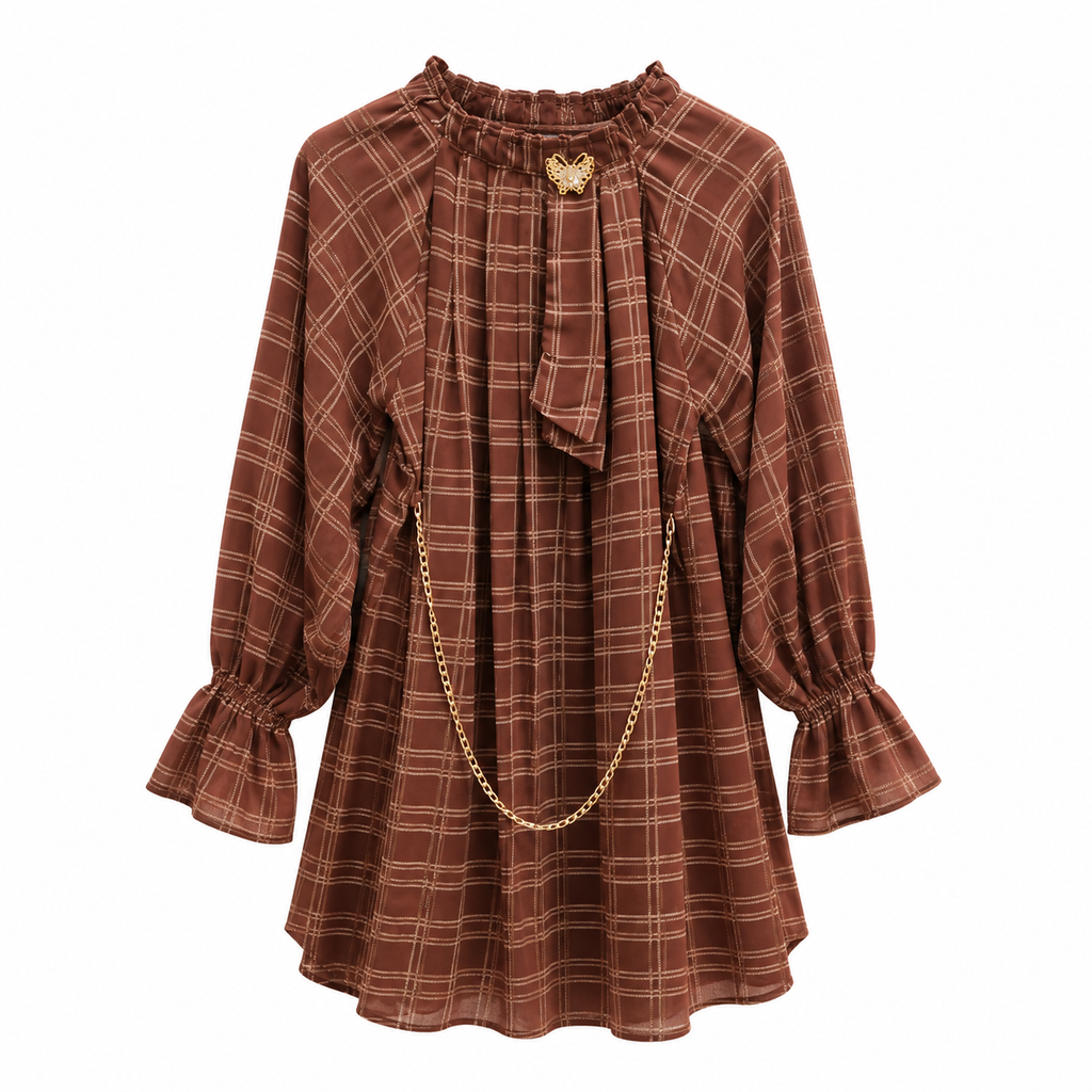 Brown Choco Check Georgette Tunic with Gold Accents