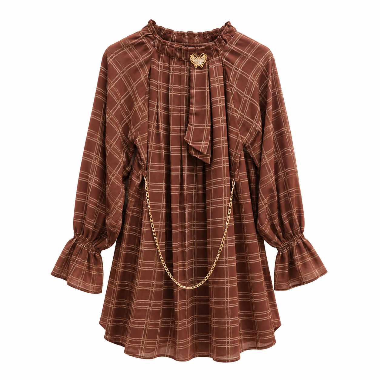 Brown Choco Check Georgette Tunic with Gold Accents