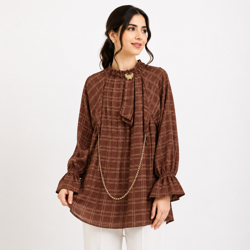 Brown Choco Check Georgette Tunic with Gold Accents