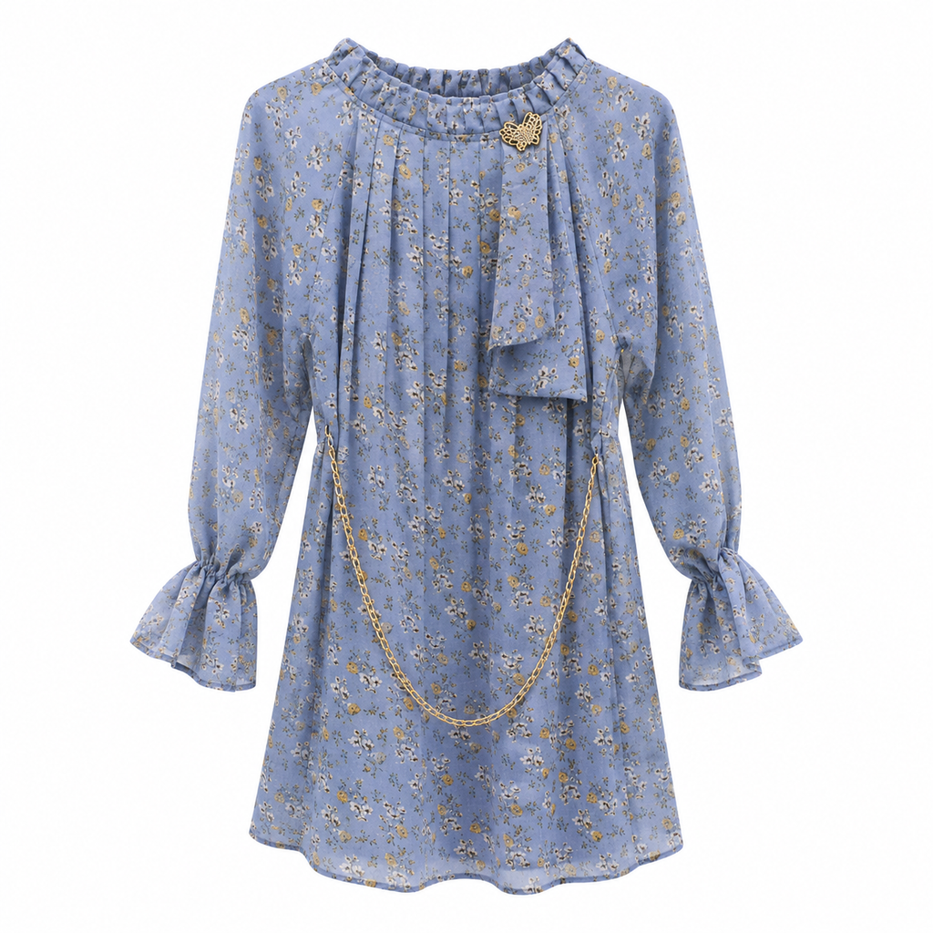 Powder Blue "Blossom Dream" Floral Georgette Top with Chain & Brooch