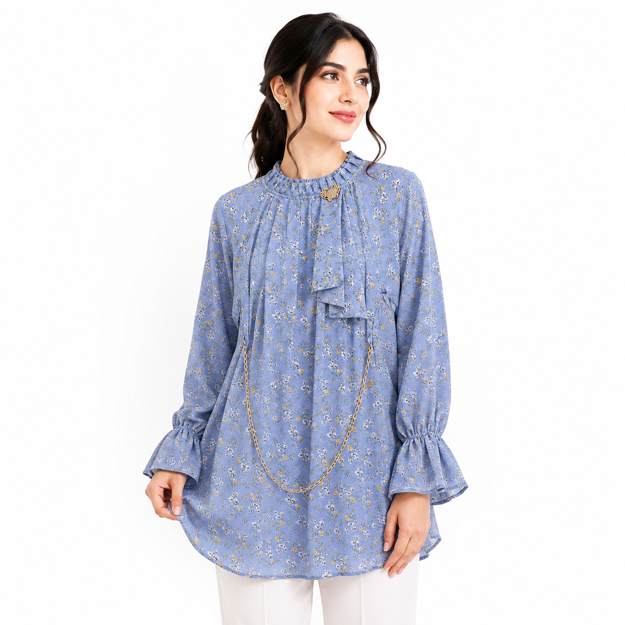 Powder Blue "Blossom Dream" Floral Georgette Top with Chain & Brooch