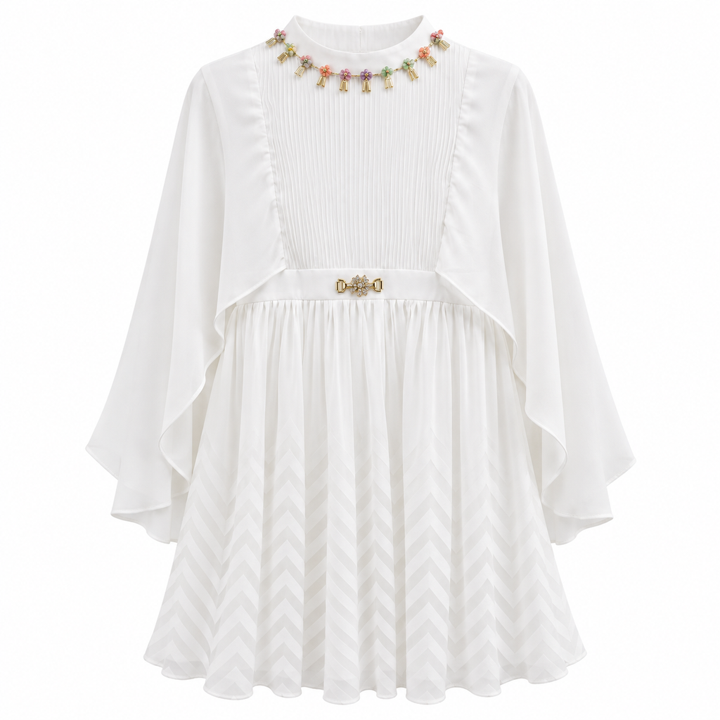 White Angel Cape Georgette Dress with Embellished Neck