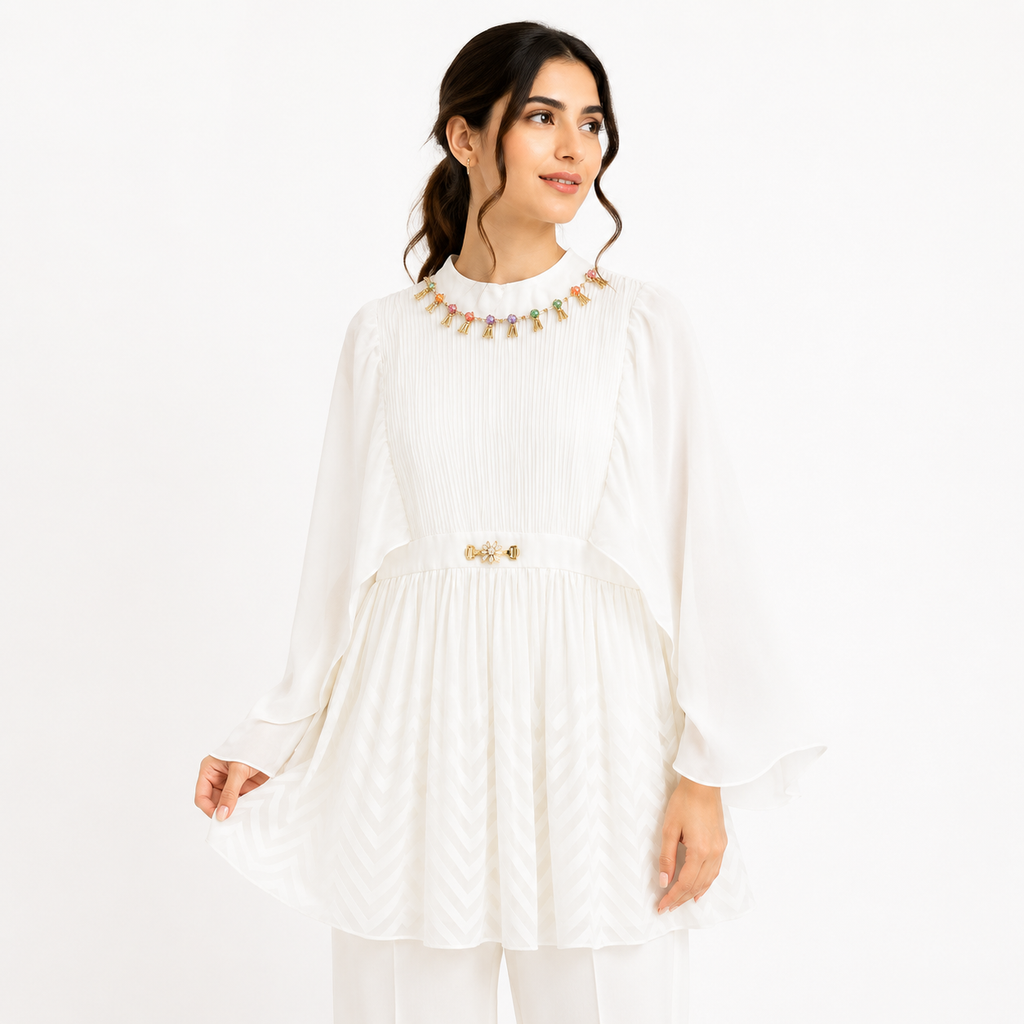 White Angel Cape Georgette Dress with Embellished Neck