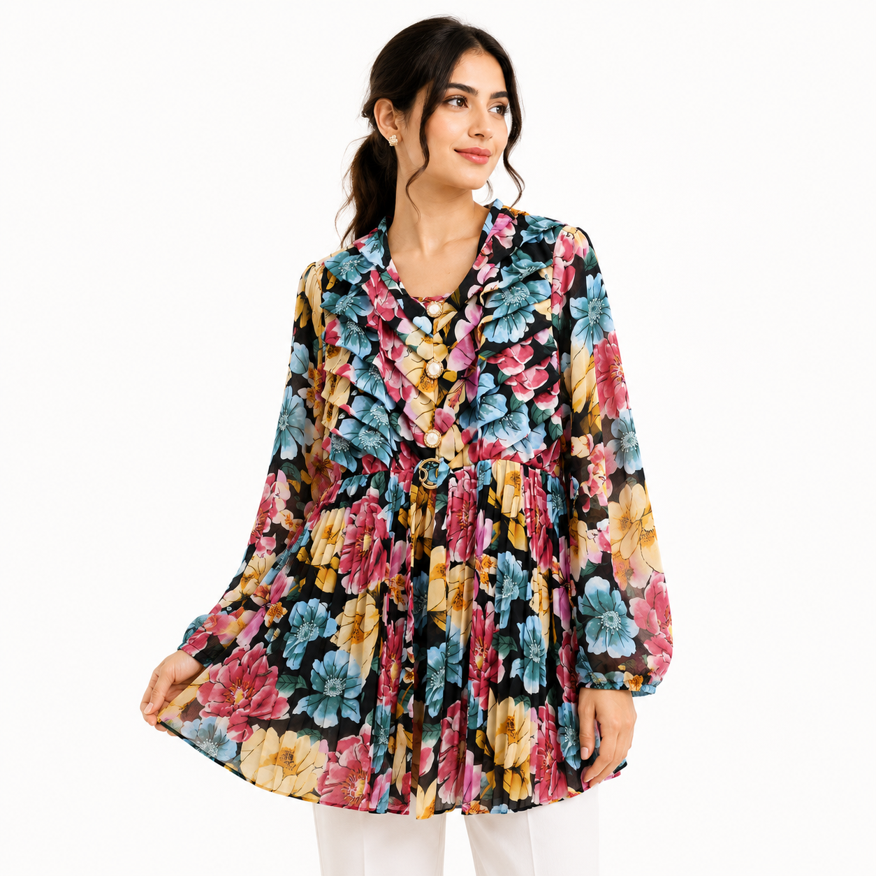 Vintage Bloom Multi-Color Floral Georgette Tunic