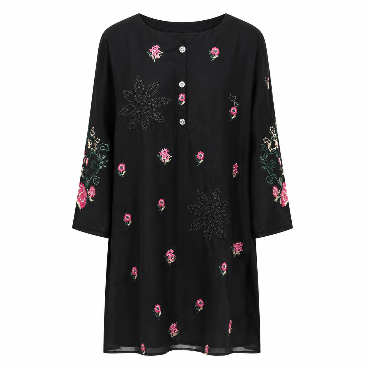 Midnight Bloom Embroidered Black Tunic
