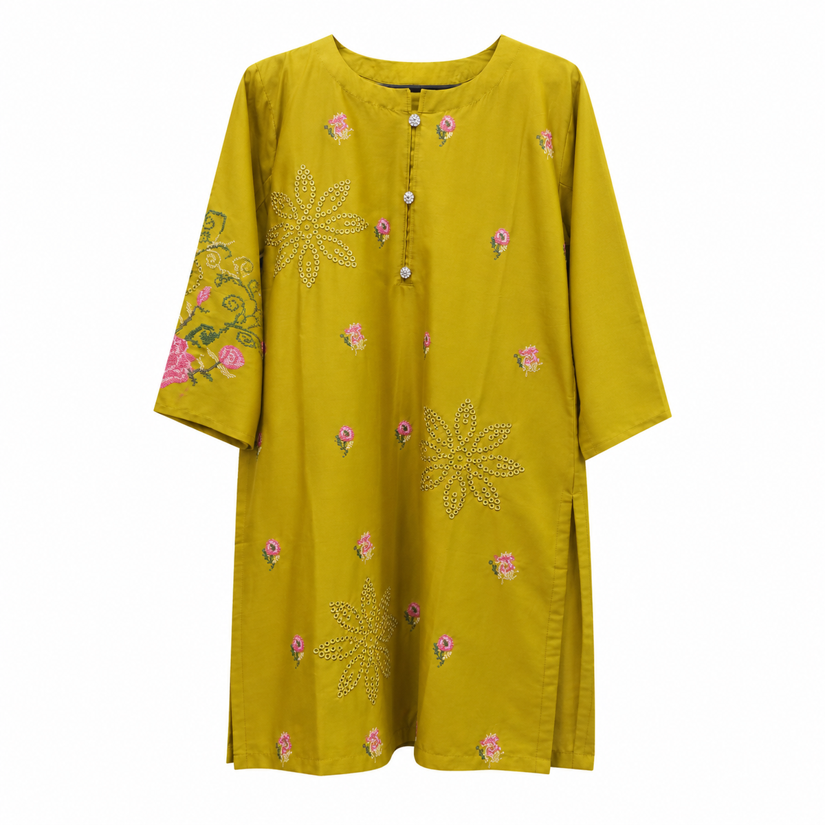 Sunlit Bloom Embroidered Mustard Tunic