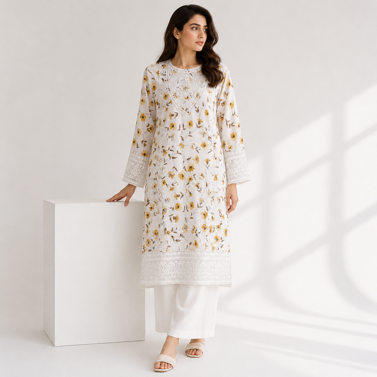 Floral Lace Embroidered White Tunic