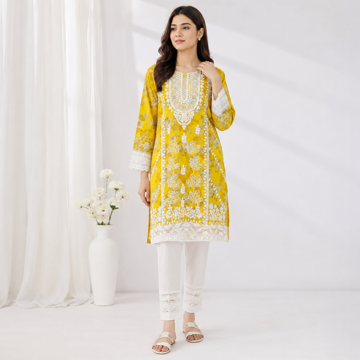 Golden Bloom Embroidered Mustard Tunic