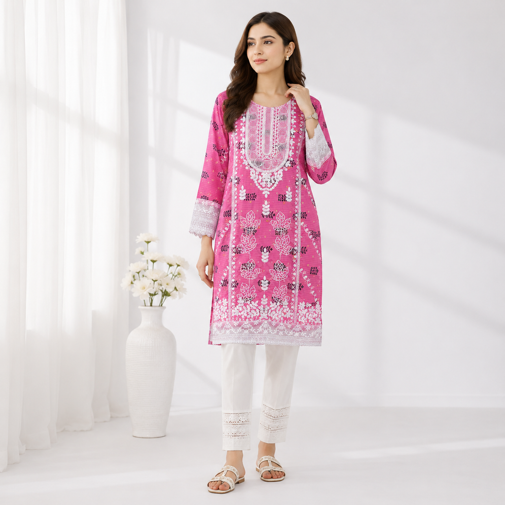 Rosy Bloom Embroidered Pink Tunic