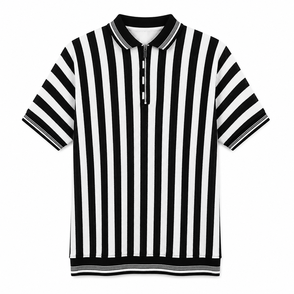 Mono Stripe Textured Zip Polo Shirt