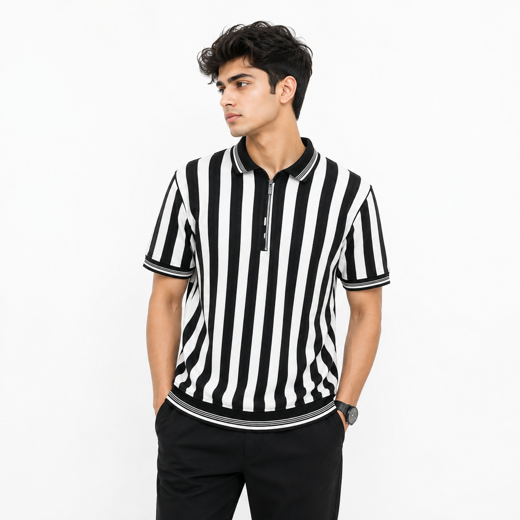 Mono Stripe Textured Zip Polo Shirt