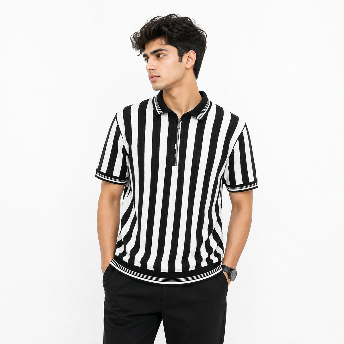 Mono Stripe Textured Zip Polo Shirt