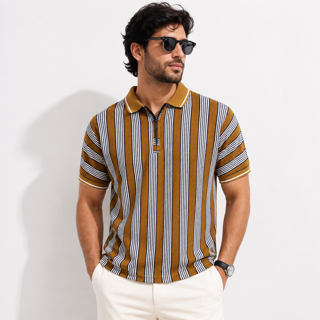 Vintage Stripe Textured Zip Polo Shirt