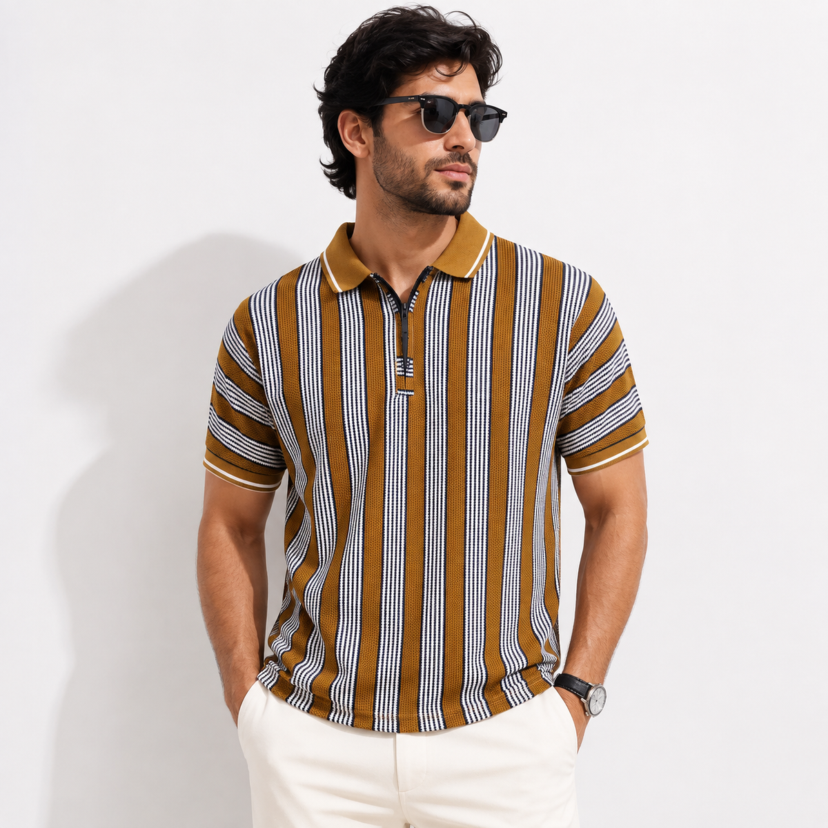 Vintage Stripe Textured Zip Polo Shirt