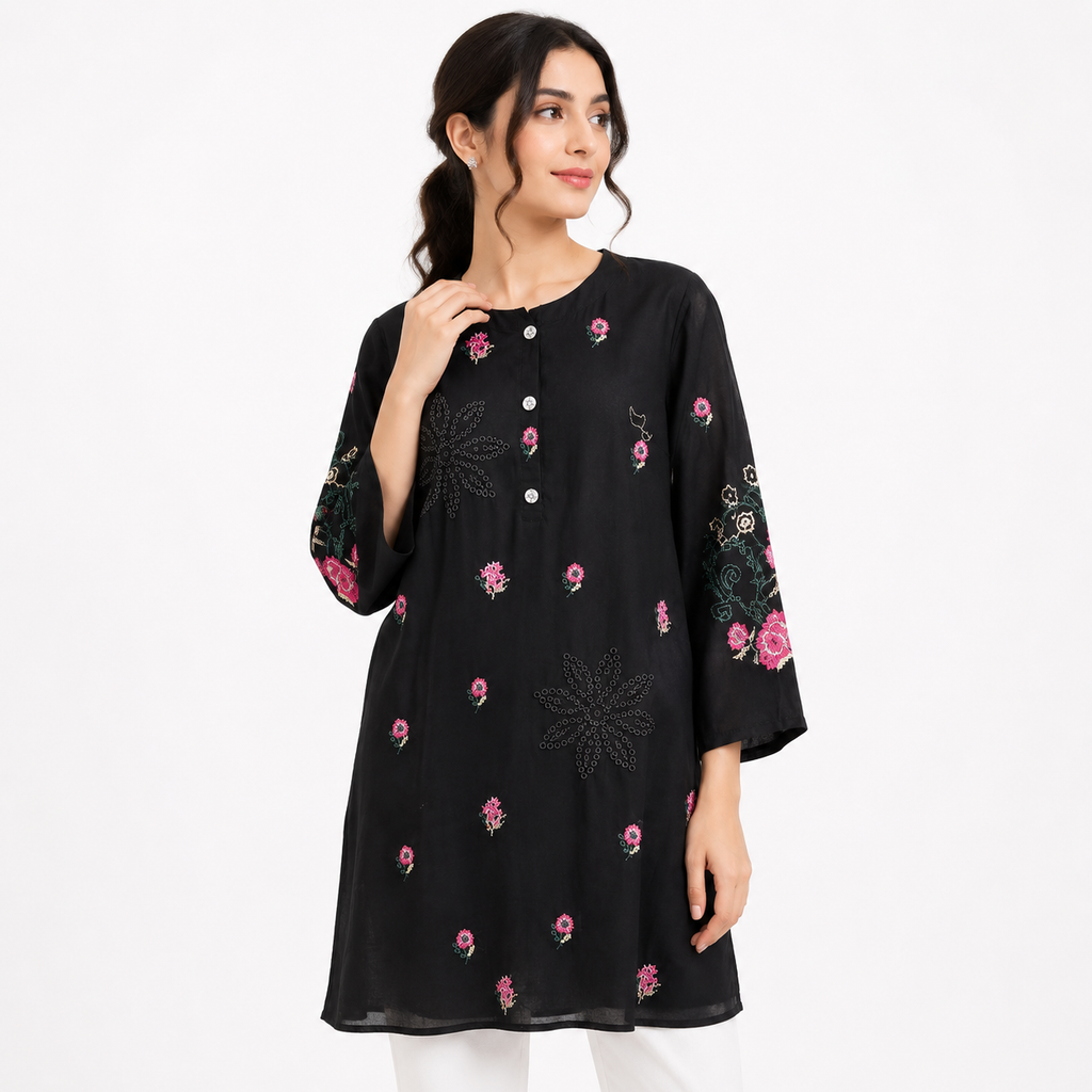 Midnight Bloom Embroidered Black Tunic