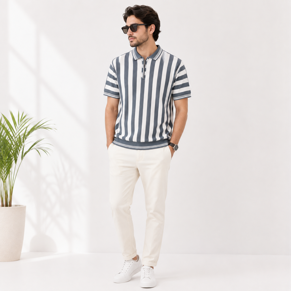 Coastal Stripe Textured Zip Polo Shirt