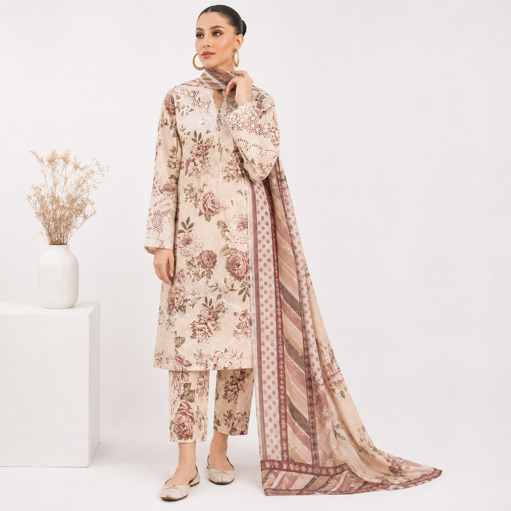 Gulzar Printed 3-Piece Lawn Suit - Beige & Dusty Rose