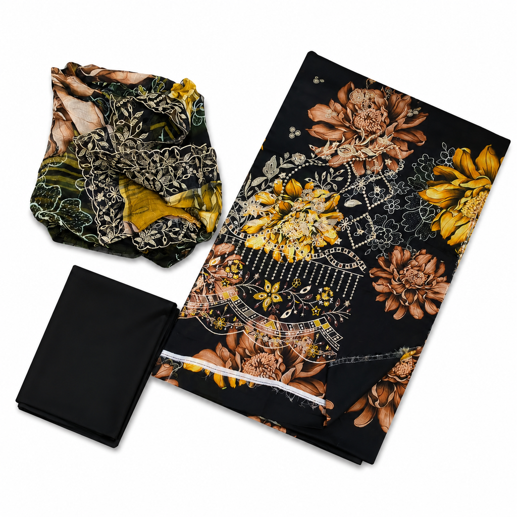 Zeenat Printed 3-Piece Lawn Suit - Black & Mustard Gold