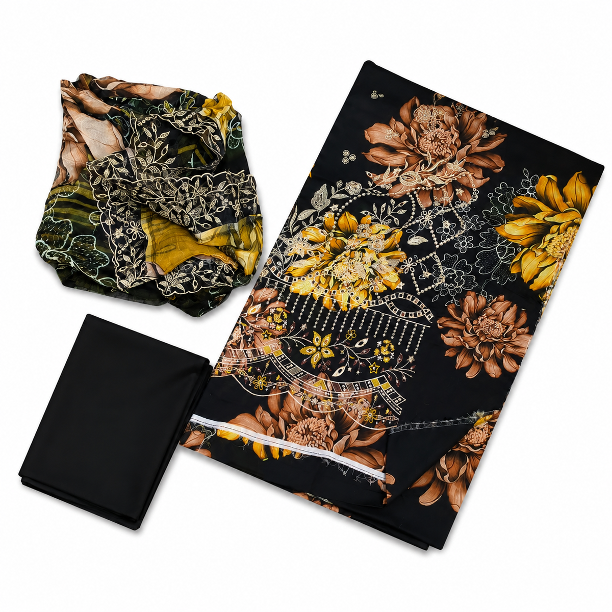 Zeenat Printed 3-Piece Lawn Suit - Black & Mustard Gold