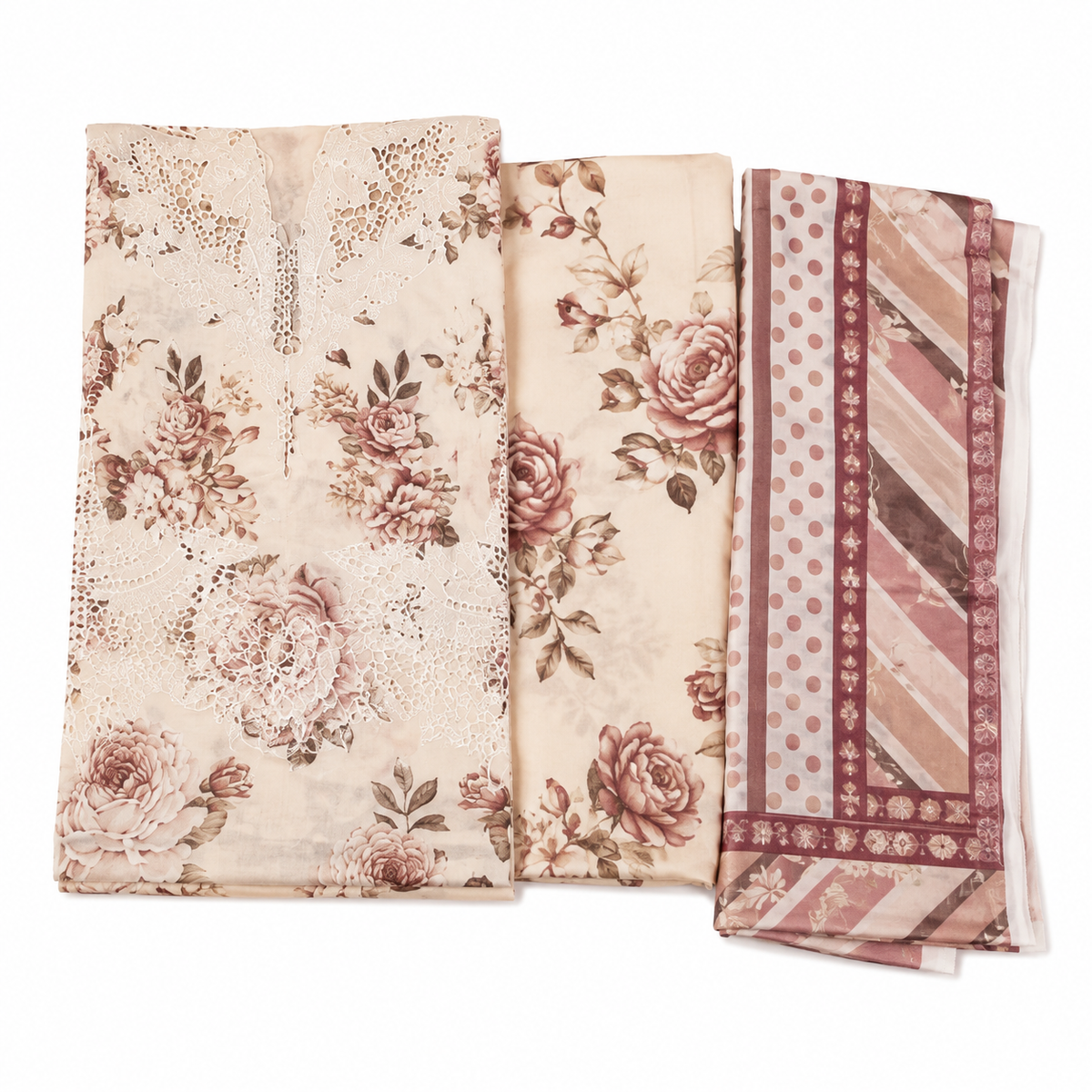 Gulzar Printed 3-Piece Lawn Suit - Beige & Dusty Rose