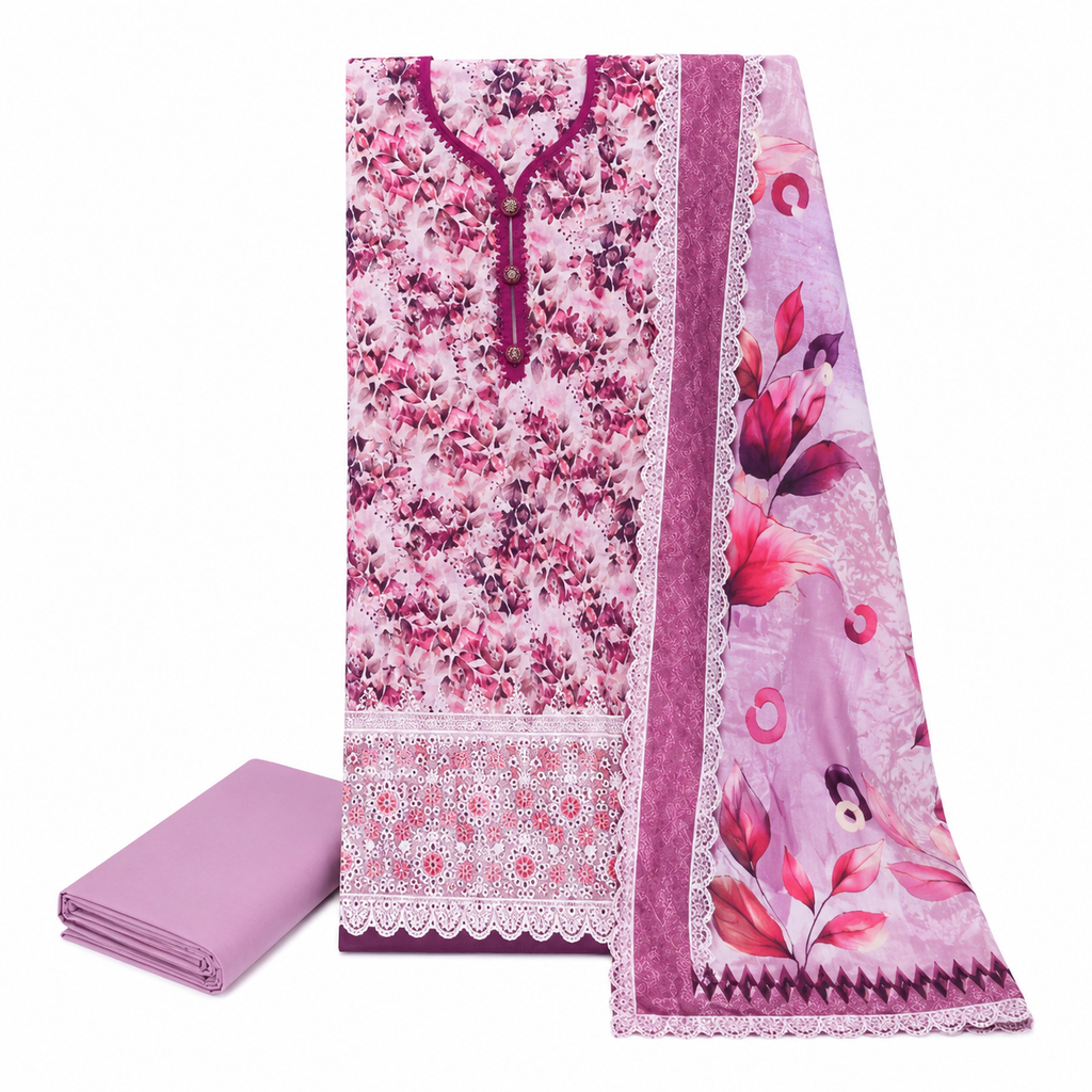 Gulnaar Printed 3-Piece Lawn Suit - Pink & Lavender
