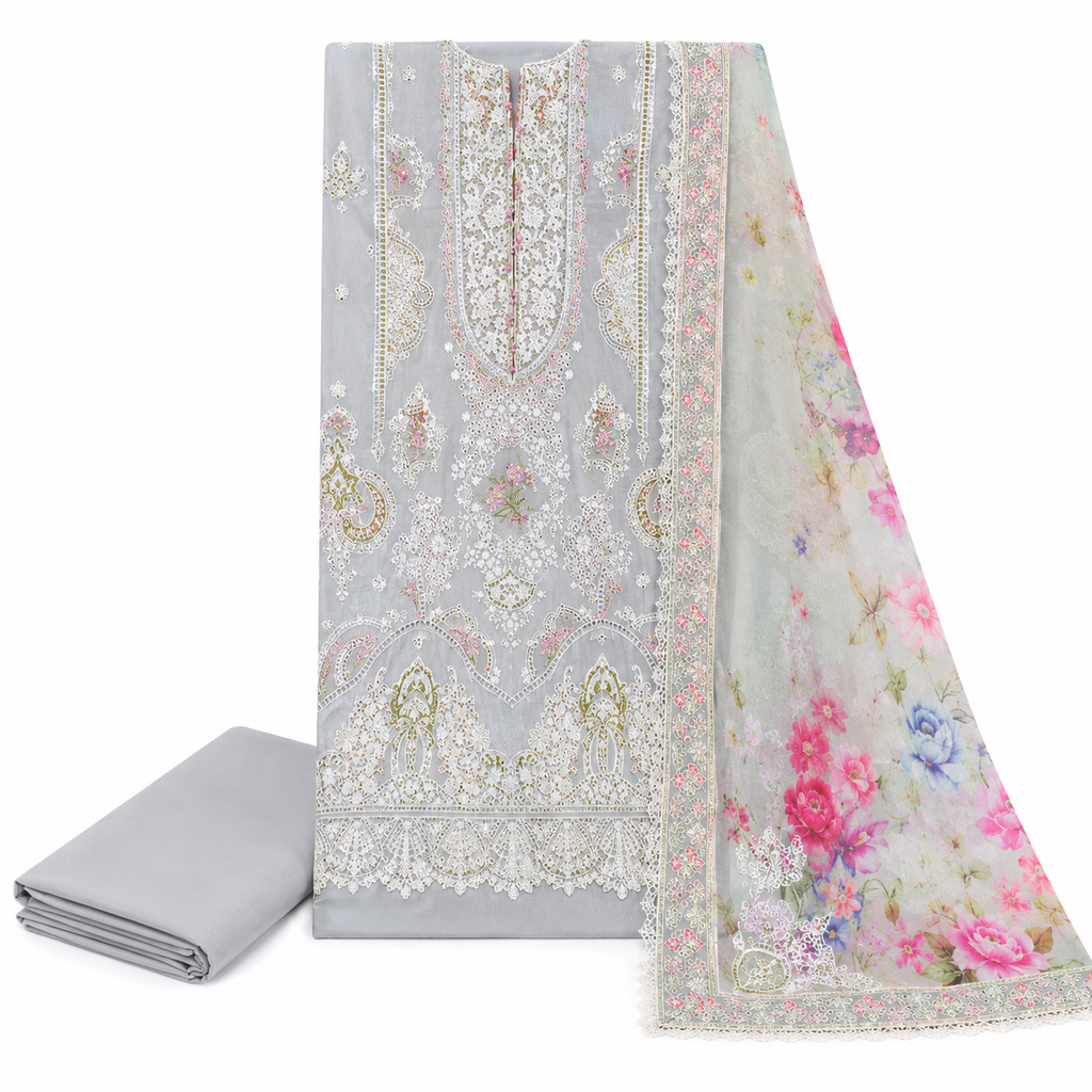 Noor-e-Chandni Embroidered 3-Piece Lawn Suit - Silver Grey