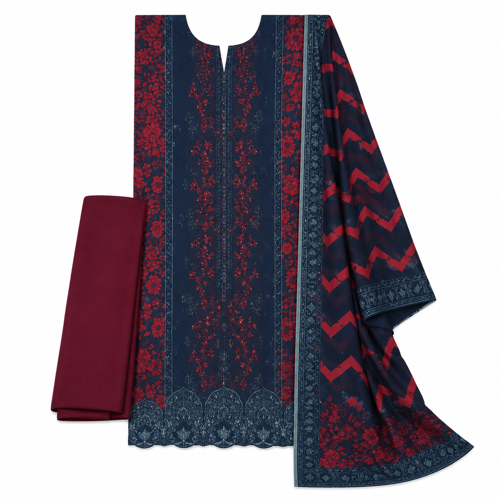 Afsanvi Printed 3-Piece Lawn Suit - Navy & Maroon