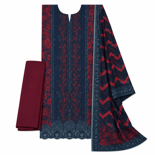 Afsanvi Printed 3-Piece Lawn Suit - Navy & Maroon