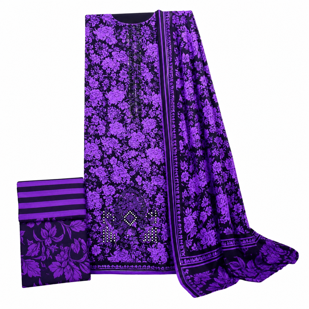 Shahi Baagh Printed 3-Piece Lawn Suit - Purple & Black