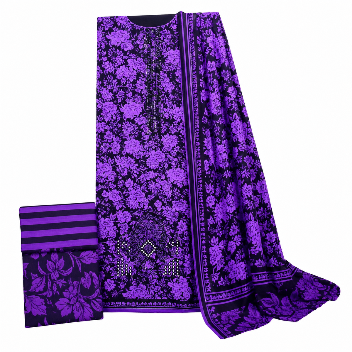 Shahi Baagh Printed 3-Piece Lawn Suit - Purple & Black